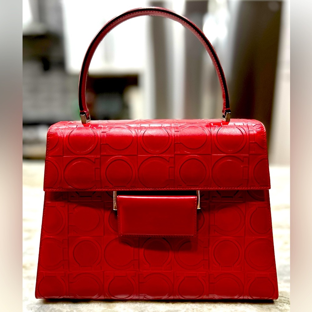 Salvatore Ferragamo Authentic Red Embossed structured Leather Handbag